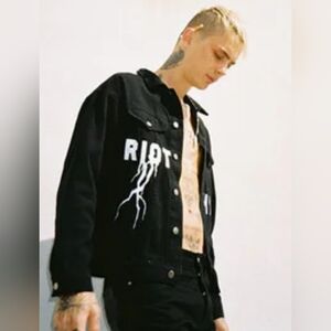 Riot Hill Anarchy Black Denim Trucker Embroidered Jean Jacket Unisex Large